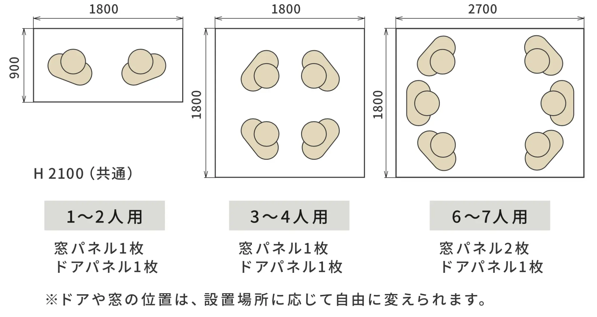 1〜2人用、3〜4人用、6〜7人用のサイズ展開